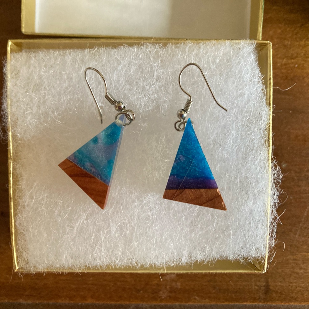 Hand made wood and resin earrings. Blue and brown.